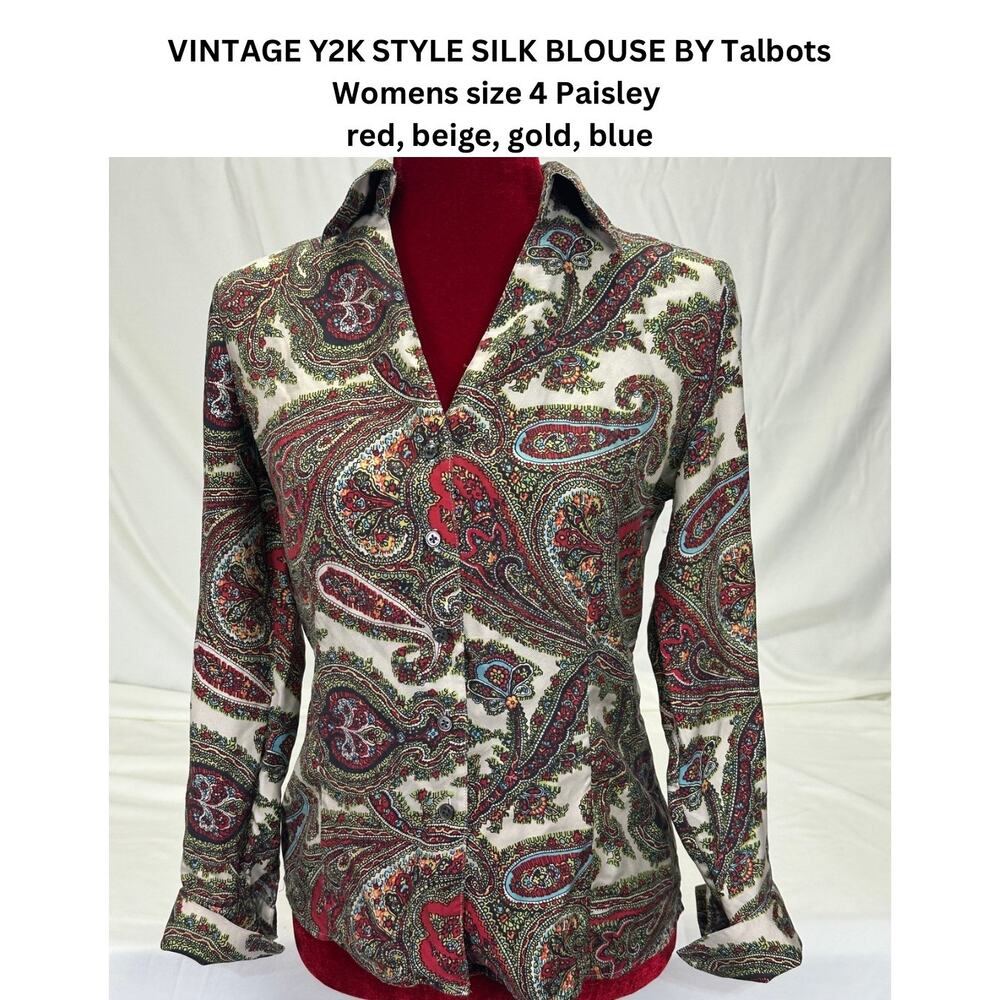 Vintage Y2K silk Talbot Paisley button down blouse shirt women’s size 4